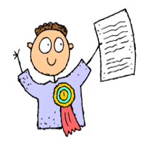 Cartoon person with medal and essay