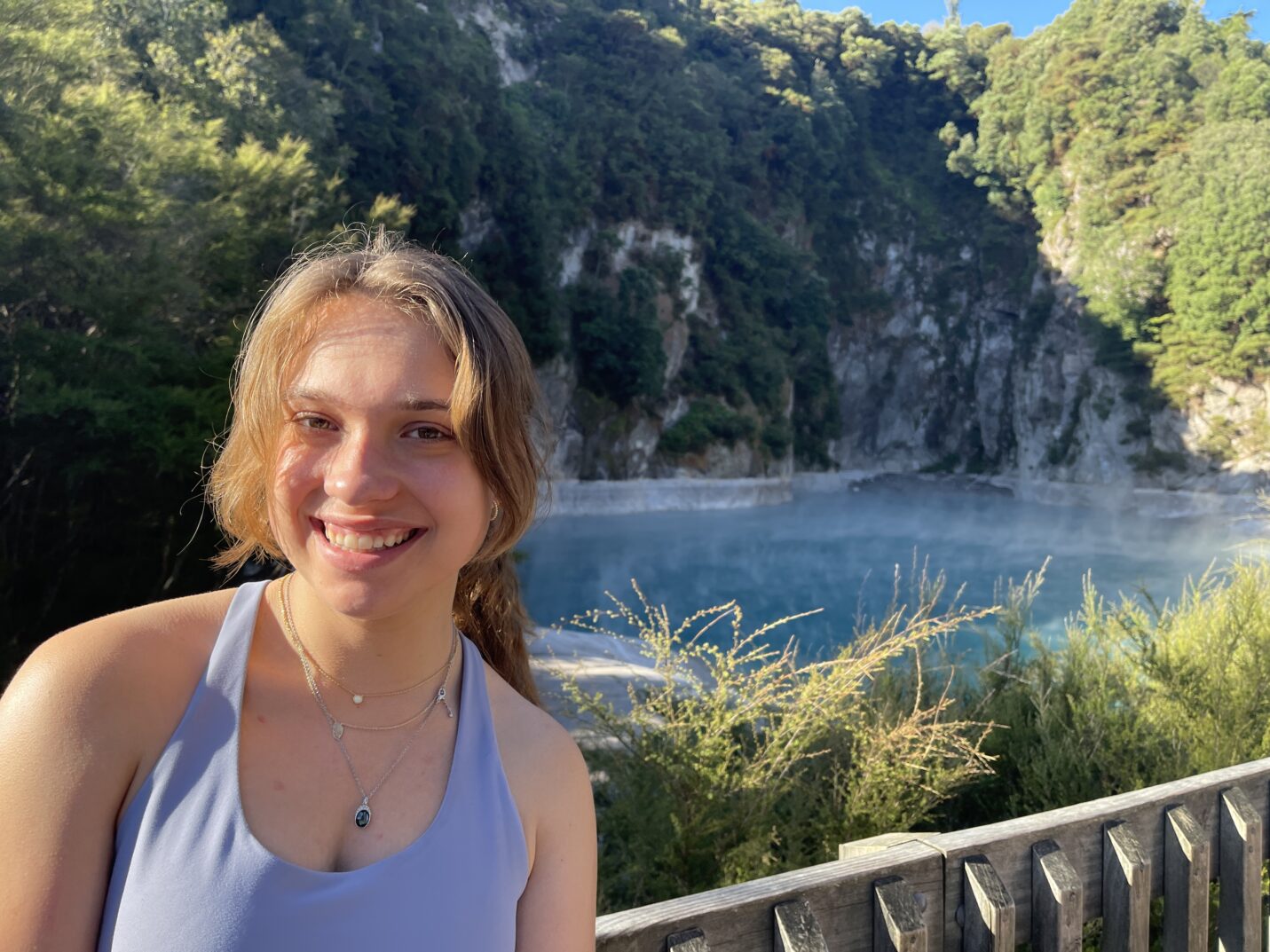 Photo of Madeline at thermal steaming Frying Pan Lake in Rotorua